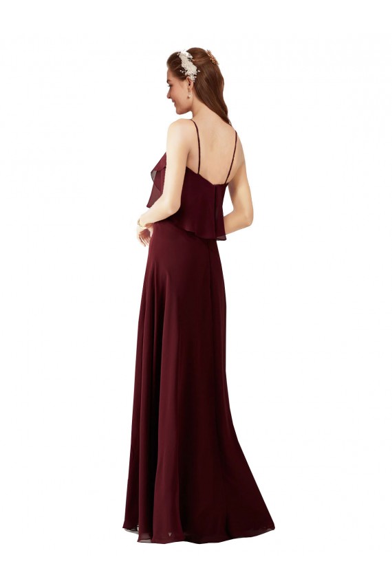 Outlet Bordeaux foncé Trapèze Bretelles spaghetti Mousseline Longue Robes demoiselle d'honneur