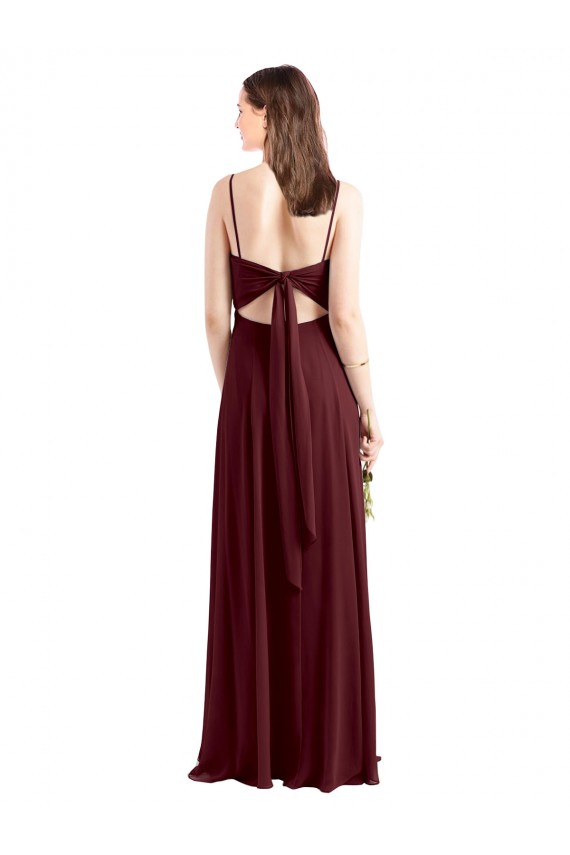 Outlet Bordeaux foncé Trapèze Bretelles spaghetti Scoop Mousseline Longue Robes demoiselle d'honneur
