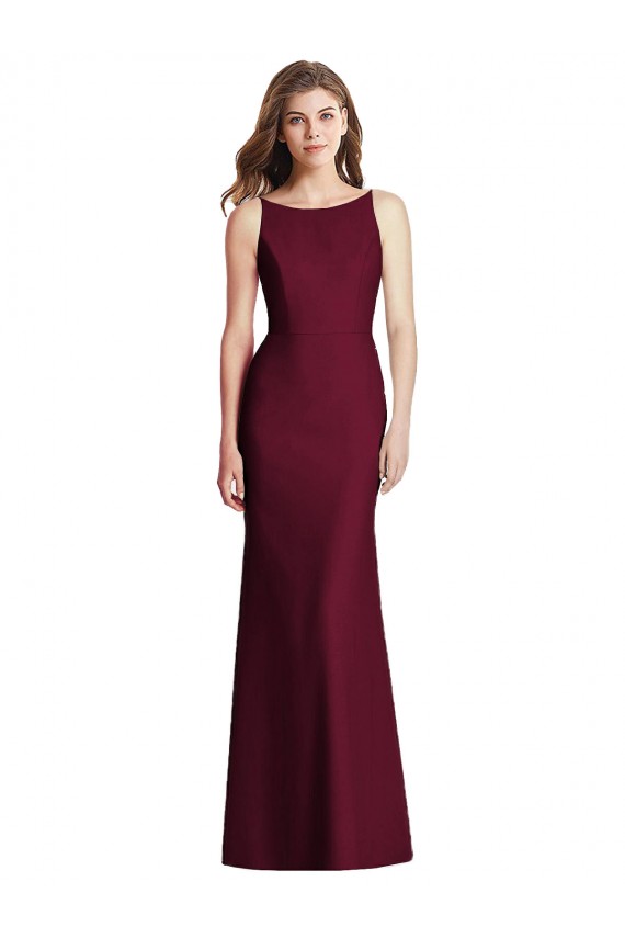 Outlet Bordeaux foncé Trompette Bateau Crêpe Stretch Longue Robes demoiselle d'honneur