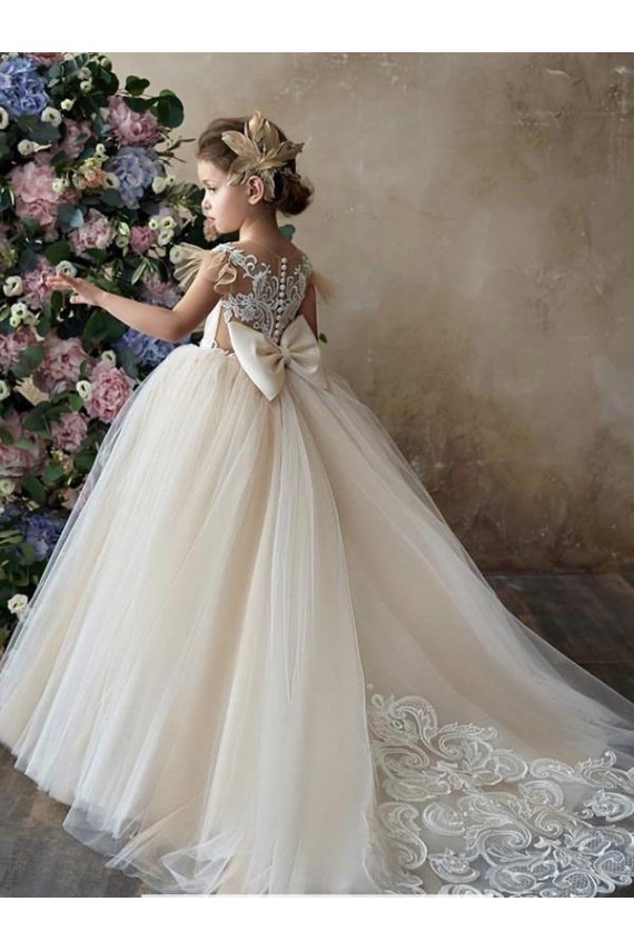 Outlet Champagne Princesse Tulle Dentelle Longue Robes de demoiselle d'honneur - fillette