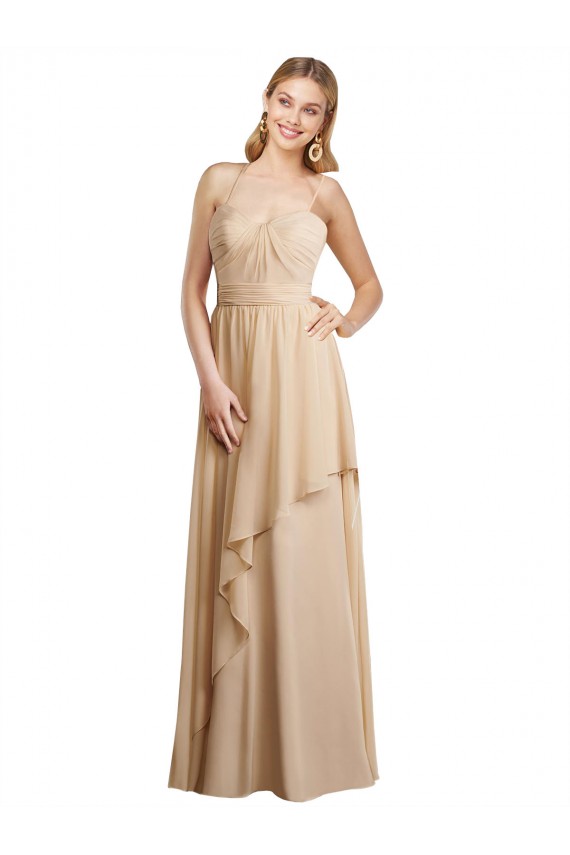 Outlet Champagne Trapèze Bretelles spaghetti Mousseline Longue Robes demoiselle d'honneur