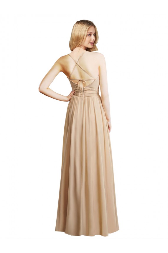Outlet Champagne Trapèze Bretelles spaghetti Mousseline Longue Robes demoiselle d'honneur
