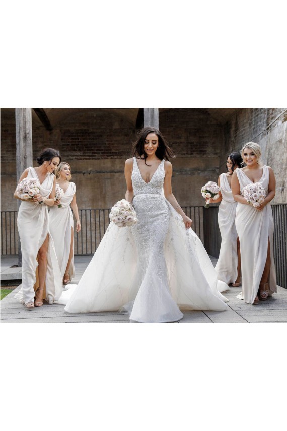 Outlet Champagne Trapèze Col V Mousseline Longue Robes demoiselle d'honneur
