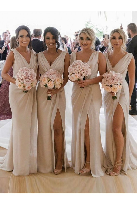 Outlet Champagne Trapèze Col V Mousseline Longue Robes demoiselle d'honneur