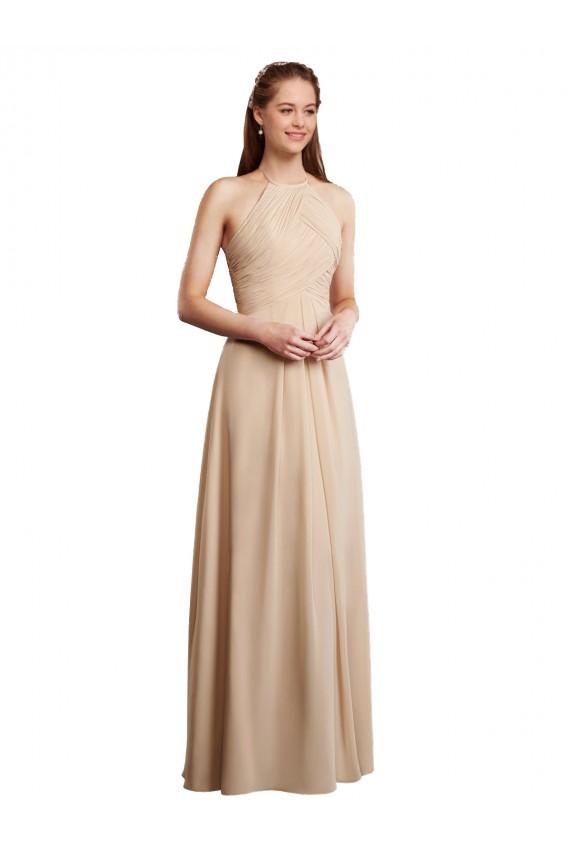 Outlet Champagne Trapèze Licou Mousseline Longue Robes demoiselle d'honneur