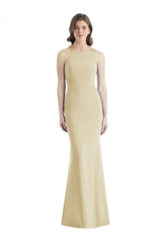 Outlet Champagne Trompette Bateau Crêpe Stretch Longue Robes demoiselle d'honneur / Robes de bal