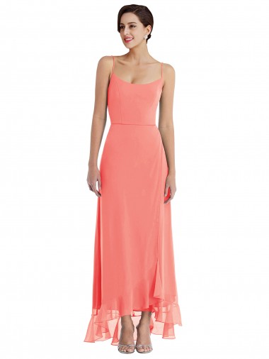 Outlet Corail Trapèze Bretelles spaghetti Scoop Mousseline Longue Asymétrique Robes demoiselle d'honneur