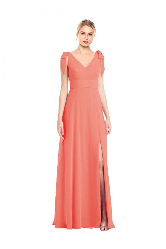 Outlet Corail Trompette Col V Mousseline Longue Robes demoiselle d'honneur