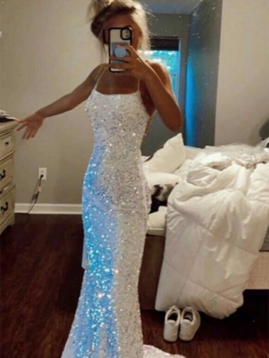 Outlet Couleur affichée Fourreau Bretelles spaghetti Balayage train Paillettes Velours Longue Robes de bal