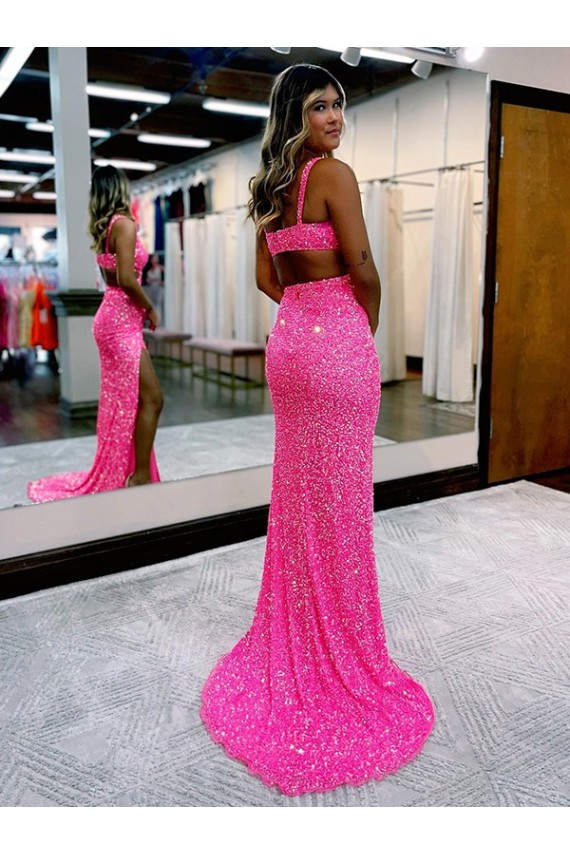 Outlet Couleur affichée Fourreau Col V Balayage train Paillettes Velours Longue Robes de bal