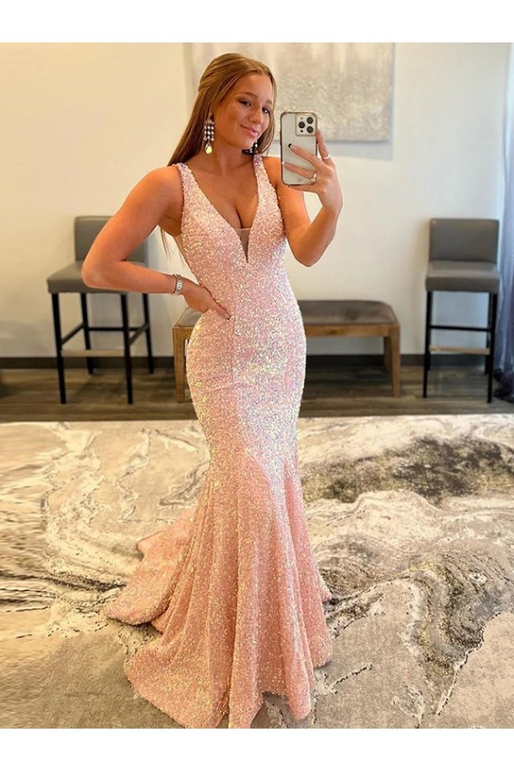 Outlet Couleur affichée Fourreau Col V Balayage train Paillettes Velours Longue Robes de bal