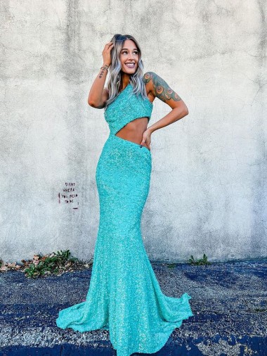 Outlet Couleur affichée Sirène Balayage train Paillettes Velours Longue Robes de bal