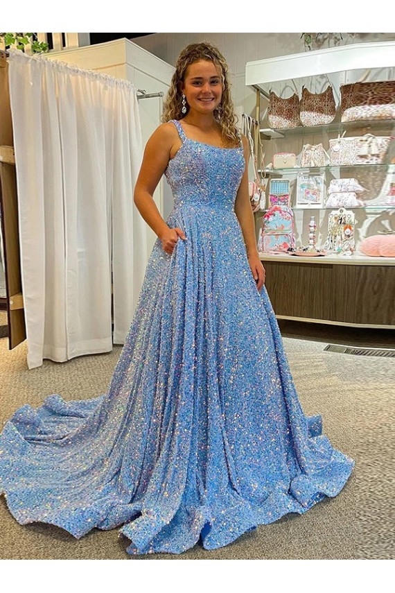 Outlet Couleur affichée Trapèze Scoop Traîne moyenne Paillettes Velours Longue Robes de bal