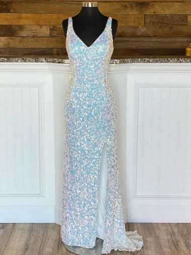 Outlet Fourreau Col V Balayage train Paillettes Velours Longue Robes de bal