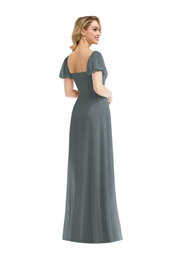 Outlet Gris ardoise Trapèze Col Carré Mousseline Longue Robes demoiselle d'honneur