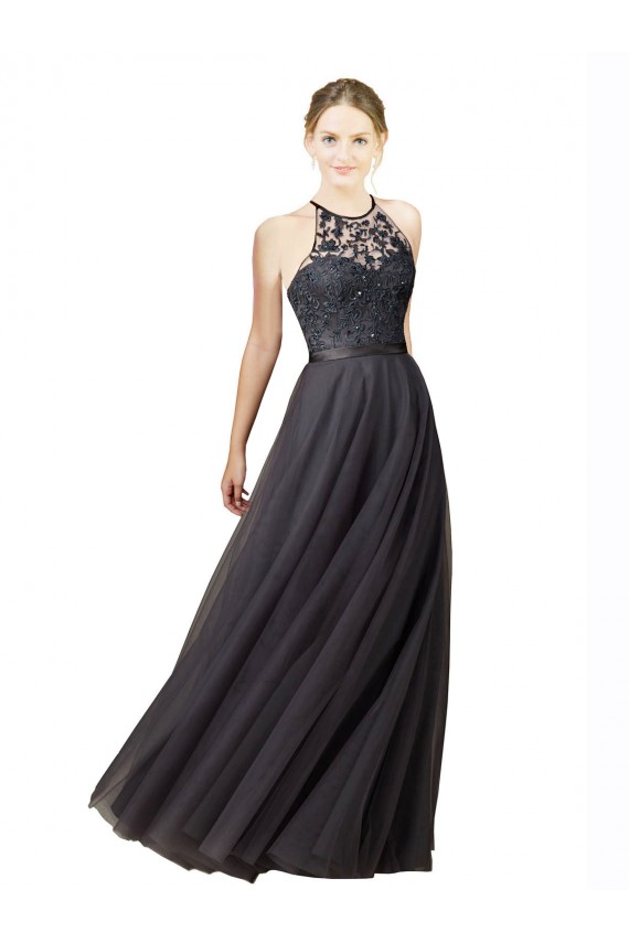 Outlet Gris ardoise Trapèze Tulle Dentelle Longue Robes demoiselle d'honneur