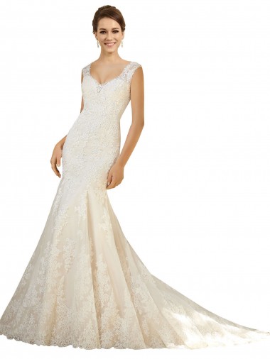 Outlet Ivoire & Champagne Sirène Col V Tulle Dentelle Robes de mariée