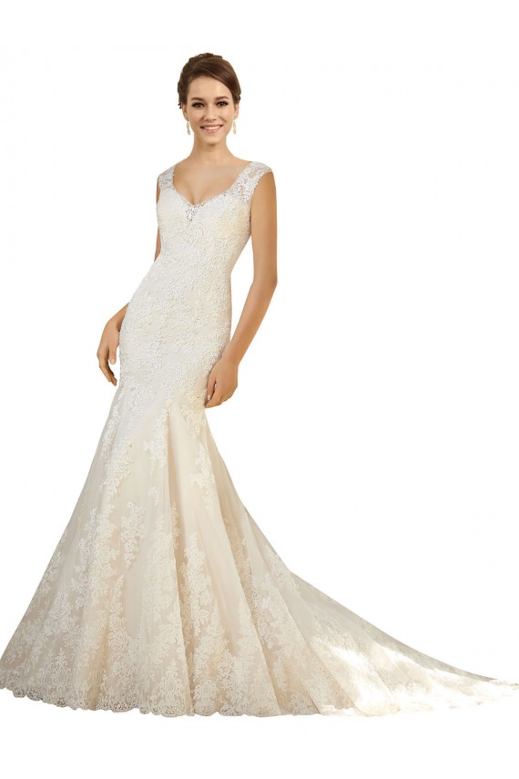 Outlet Ivoire & Champagne Sirène Col V Tulle Dentelle Robes de mariée