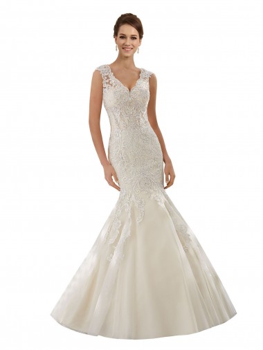 Outlet Ivoire & Champagne Sirène Col V Tulle Dentelle Robes de mariée