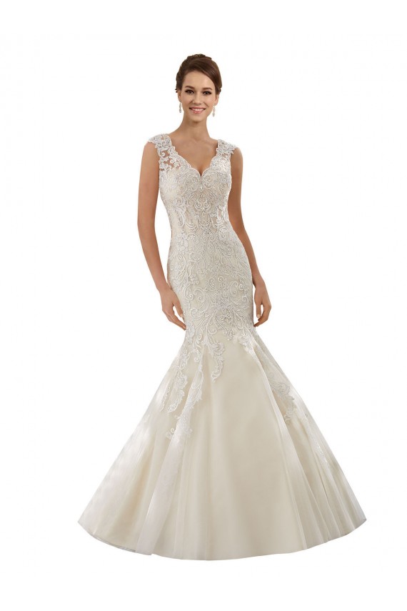 Outlet Ivoire & Champagne Sirène Col V Tulle Dentelle Robes de mariée