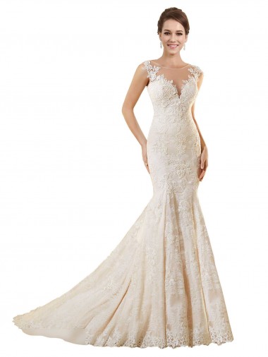 Outlet Ivoire & Champagne Sirène Illusion Dentelle Robes de mariée