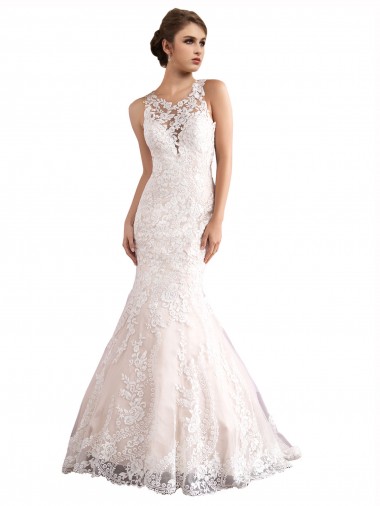 Outlet Ivoire & Champagne Sirène Illusion Traîne cathédrale Tulle Dentelle Robes de mariée