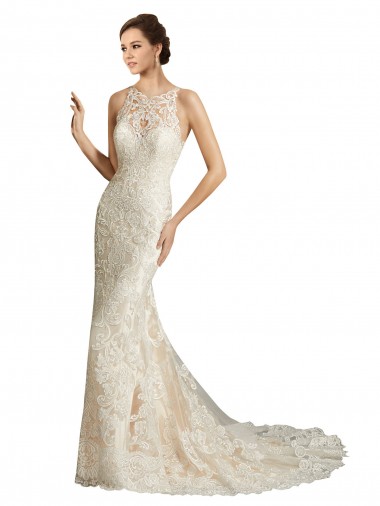 Outlet Ivoire & Champagne Sirène Illusion Tulle Dentelle Classique Robes de mariée