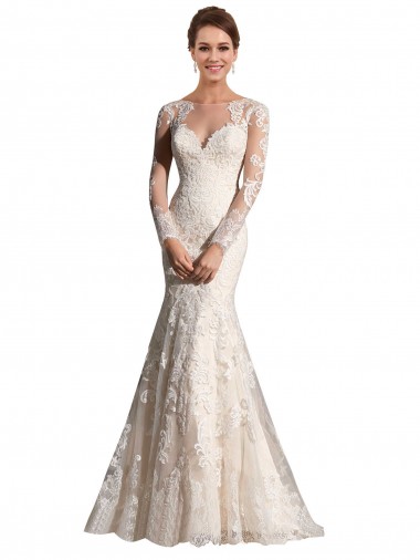 Outlet Ivoire & Champagne Sirène Illusion Tulle Dentelle Robes de mariée