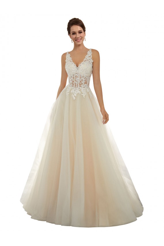 Outlet Ivoire & Champagne Trapèze Col V Tulle Dentelle Classique Robes de mariée
