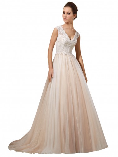 Outlet Ivoire & Champagne Trapèze Col V Tulle Dentelle Robes de mariée