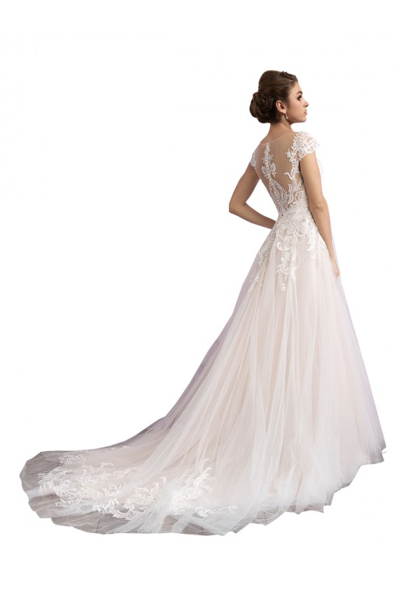 Outlet Ivoire & Champagne Trapèze Illusion Traîne cathédrale Tulle Dentelle Plage Robes de mariée