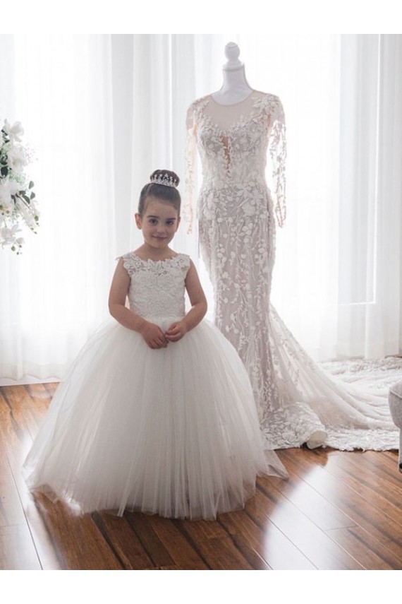 Outlet Ivoire Princesse Bateau Tulle Dentelle Longue Robes de demoiselle d'honneur - fillette