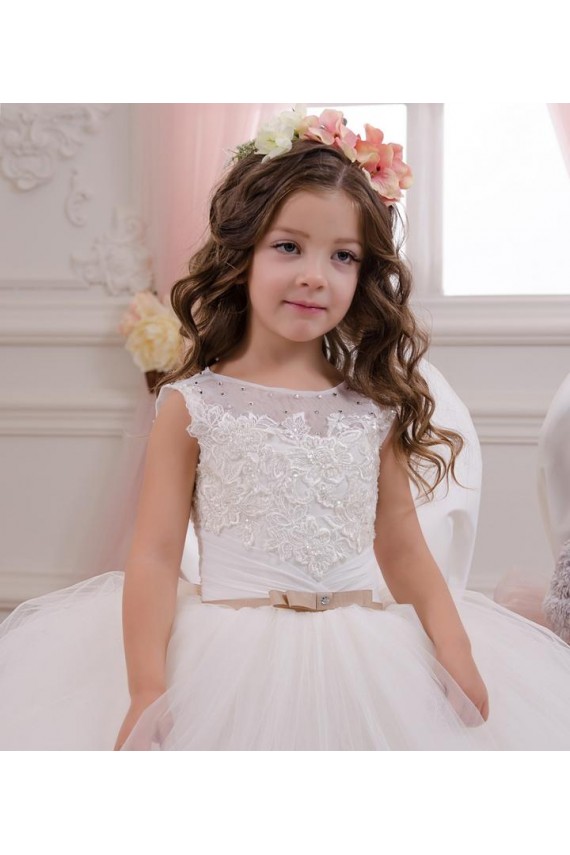 Outlet Ivoire Princesse Bateau Tulle Dentelle Longue Robes de demoiselle d'honneur - fillette