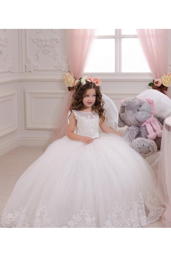 Outlet Ivoire Princesse Bateau Tulle Dentelle Longue Robes de demoiselle d'honneur - fillette