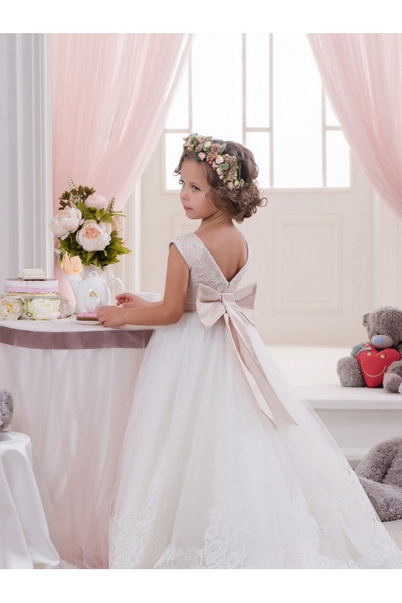 Outlet Ivoire Princesse Bateau Tulle Dentelle Longue Robes de demoiselle d'honneur - fillette