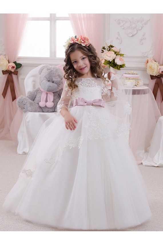 Outlet Ivoire Princesse Bateau Tulle Dentelle Longue Robes de demoiselle d'honneur - fillette