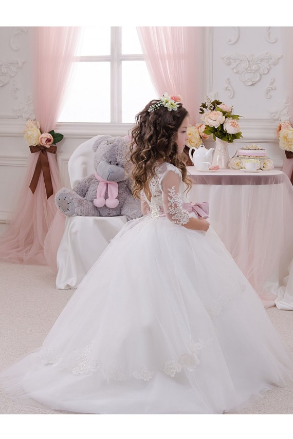 Outlet Ivoire Princesse Bateau Tulle Dentelle Longue Robes de demoiselle d'honneur - fillette