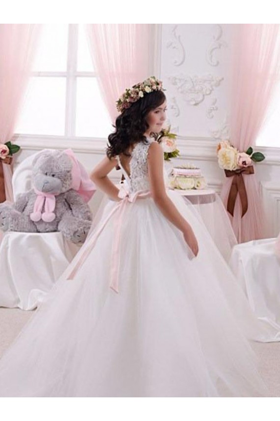 Outlet Ivoire Princesse Bateau Tulle Dentelle Longue Robes de demoiselle d'honneur - fillette