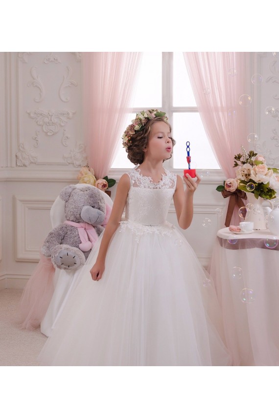 Outlet Ivoire Princesse Col Haut Tulle Dentelle Longue Robes de demoiselle d'honneur - fillette