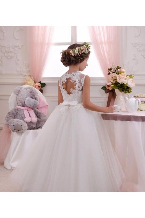 Outlet Ivoire Princesse Col Haut Tulle Dentelle Longue Robes de demoiselle d'honneur - fillette
