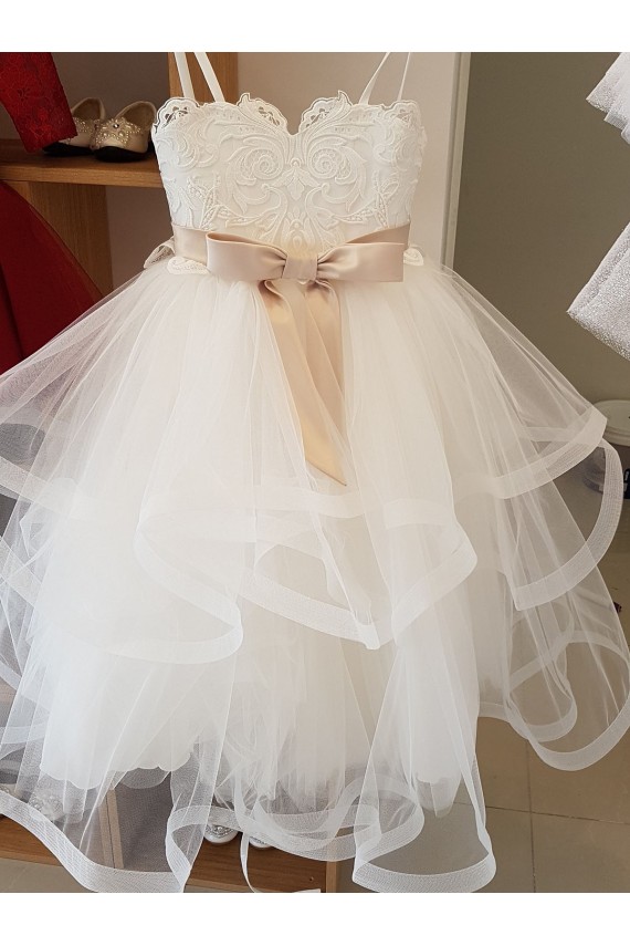 Outlet Ivoire Princesse Col Haut Tulle Dentelle Longue Robes de demoiselle d'honneur - fillette
