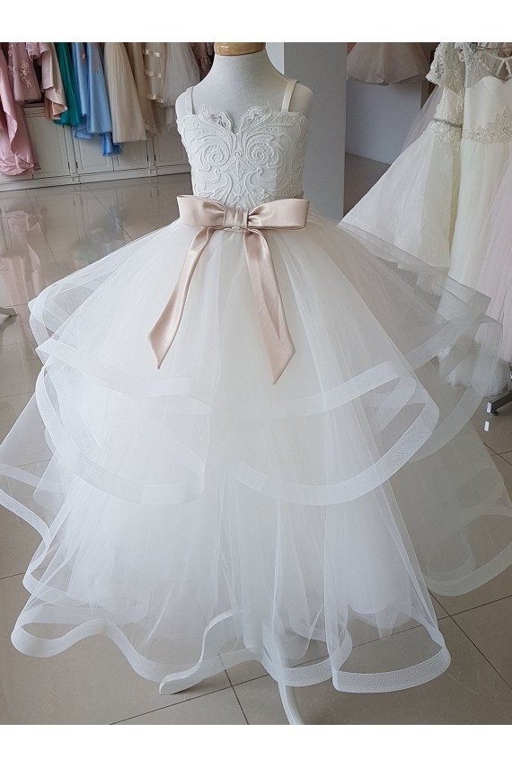 Outlet Ivoire Princesse Col Haut Tulle Dentelle Longue Robes de demoiselle d'honneur - fillette