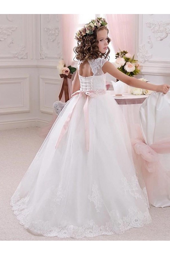 Outlet Ivoire Princesse Col Haut Tulle Dentelle Longue Robes de demoiselle d'honneur - fillette