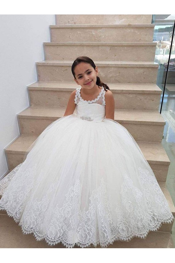 Outlet Ivoire Princesse Col Haut Tulle Dentelle Longue Robes de demoiselle d'honneur - fillette