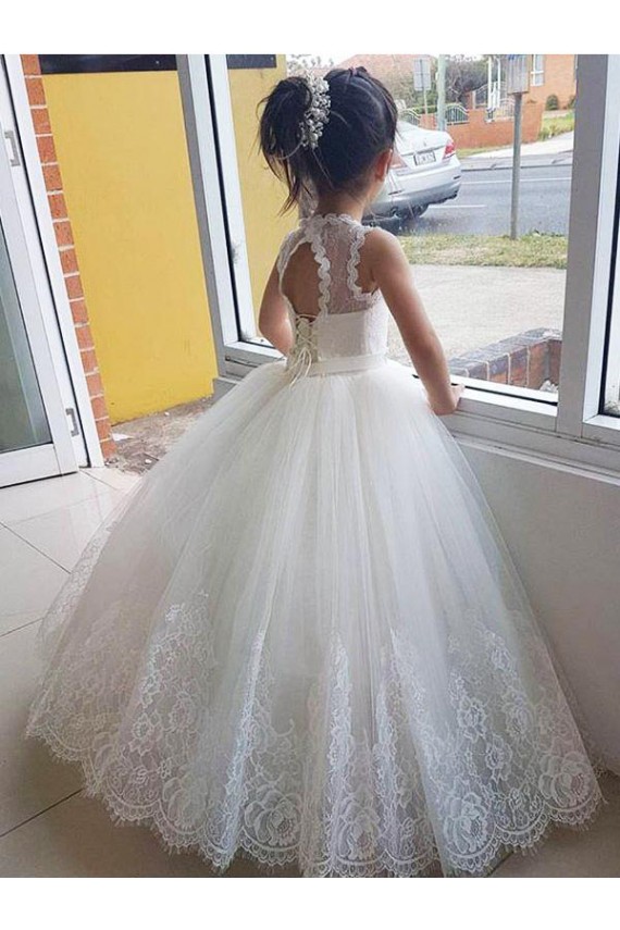 Outlet Ivoire Princesse Col Haut Tulle Dentelle Longue Robes de demoiselle d'honneur - fillette