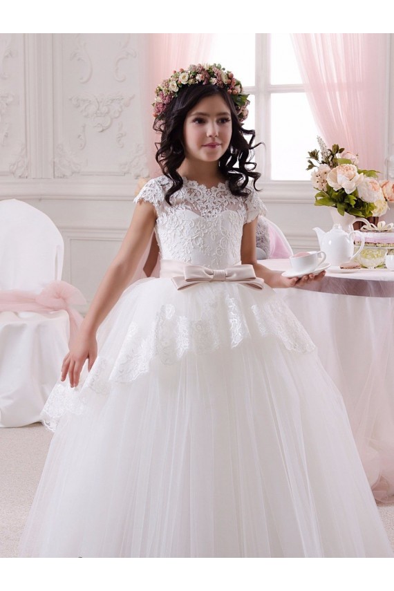 Outlet Ivoire Princesse Tulle Dentelle Longue Robes de demoiselle d'honneur - fillette