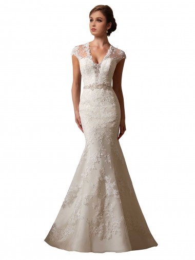 Outlet Ivoire Sirène Illusion Col V Tulle Dentelle Robes de mariée