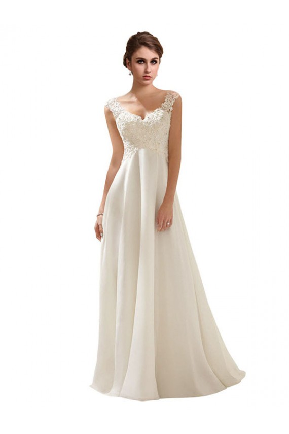 Outlet Ivoire Trapèze Col V Balayage train Mousseline Dentelle Robes de mariée
