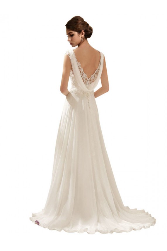 Outlet Ivoire Trapèze Col V Balayage train Mousseline Dentelle Robes de mariée
