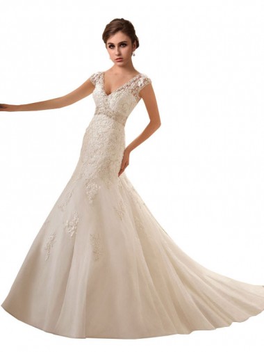Outlet Ivoire Trapèze Col V Tulle Dentelle Robes de mariée